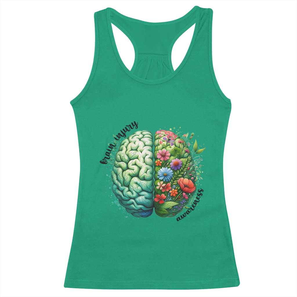 Traumatic Brain Injury Awareness Racerback Tank Top TBI Warrior Green Floral Brain