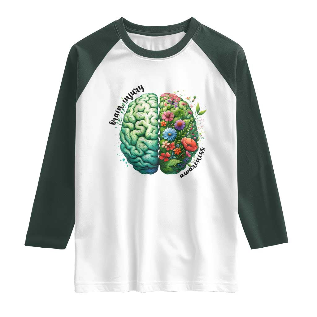 Traumatic Brain Injury Awareness Raglan Shirt TBI Warrior Green Floral Brain