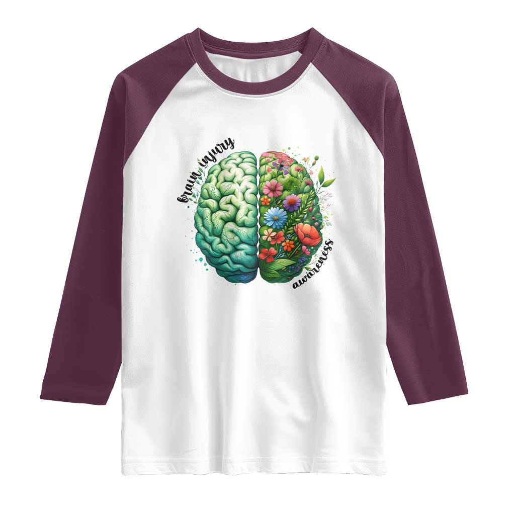 Traumatic Brain Injury Awareness Raglan Shirt TBI Warrior Green Floral Brain