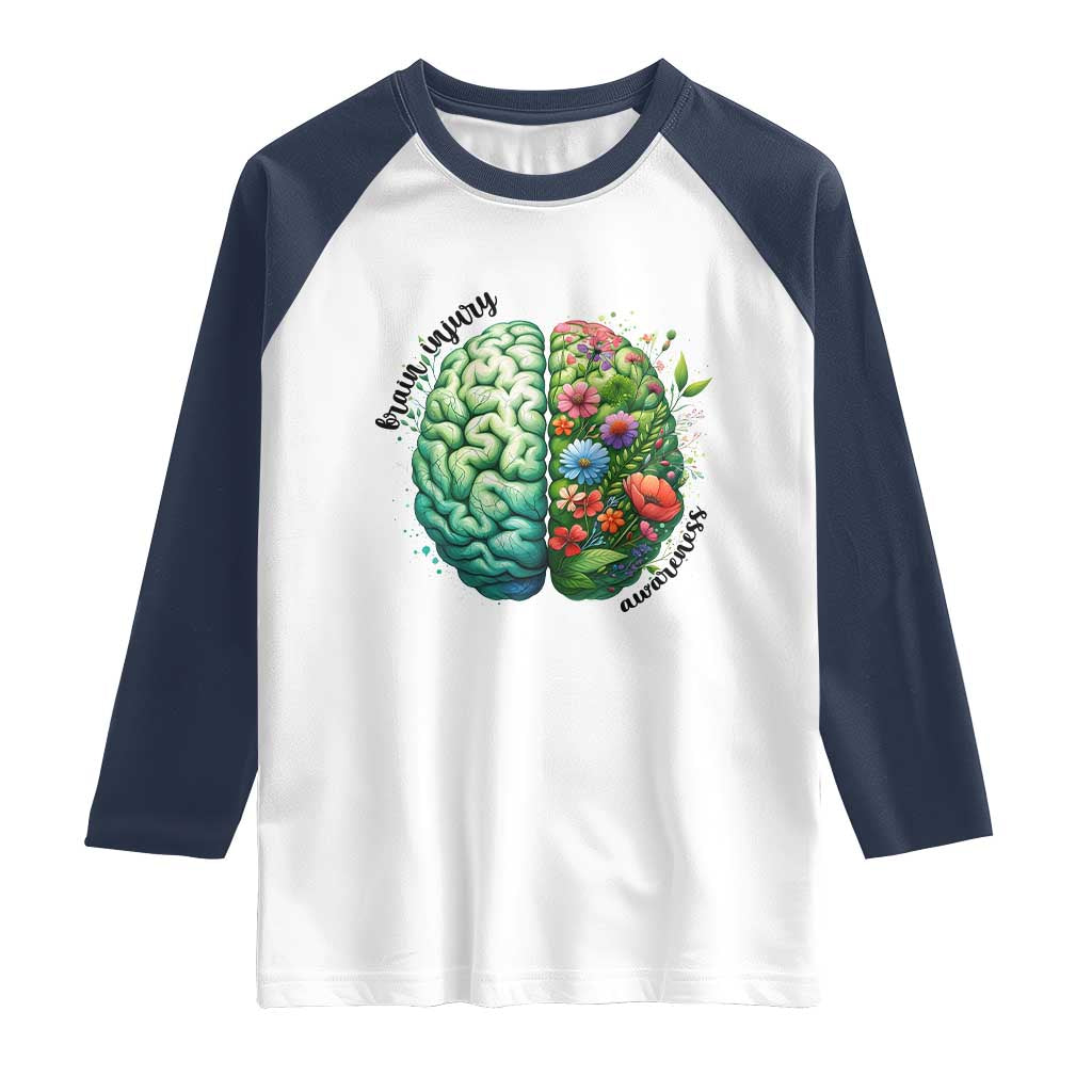 Traumatic Brain Injury Awareness Raglan Shirt TBI Warrior Green Floral Brain