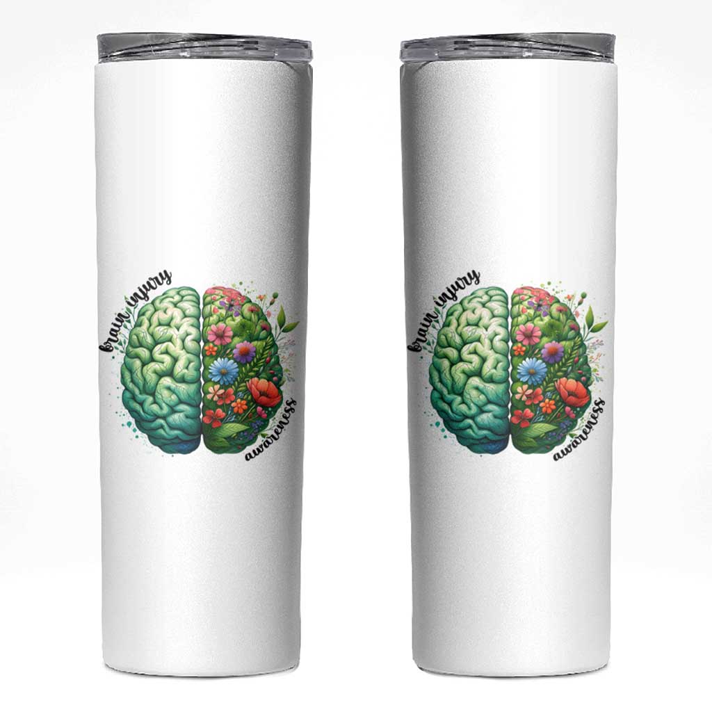 Traumatic Brain Injury Awareness Skinny Tumbler TBI Warrior Green Floral Brain