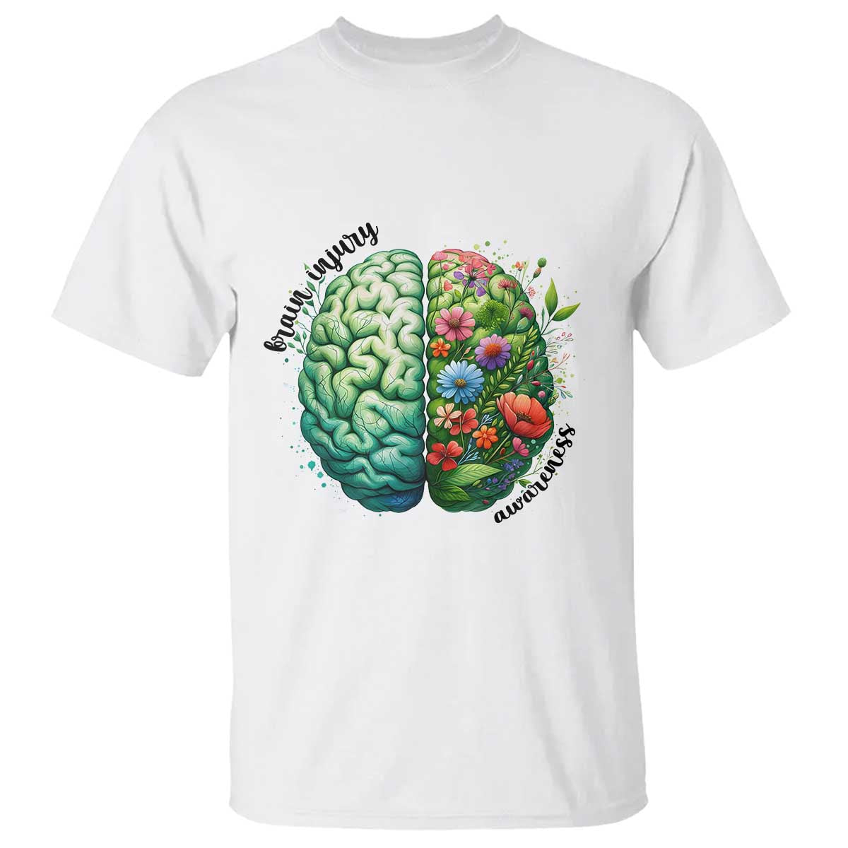 Traumatic Brain Injury Awareness T Shirt TBI Warrior Green Floral Brain