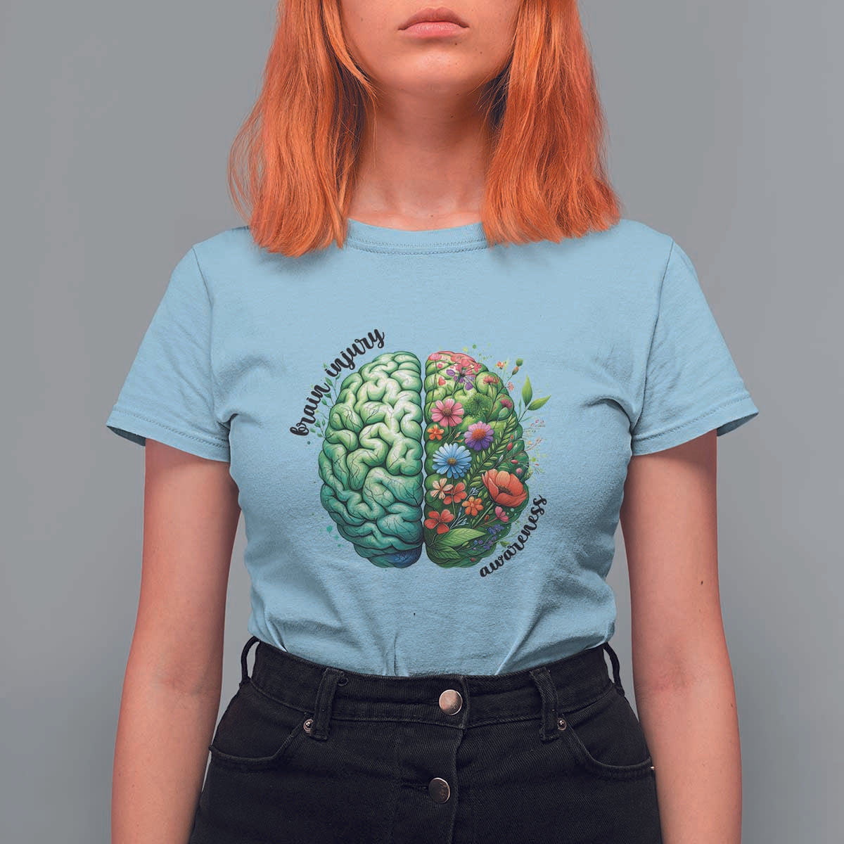 Traumatic Brain Injury Awareness T Shirt For Women TBI Warrior Green Floral Brain