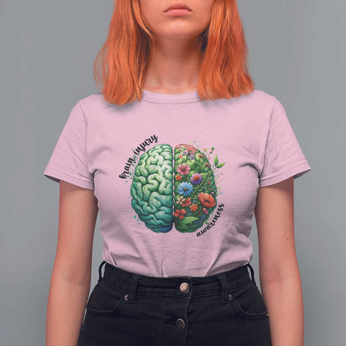 Traumatic Brain Injury Awareness T Shirt For Women TBI Warrior Green Floral Brain
