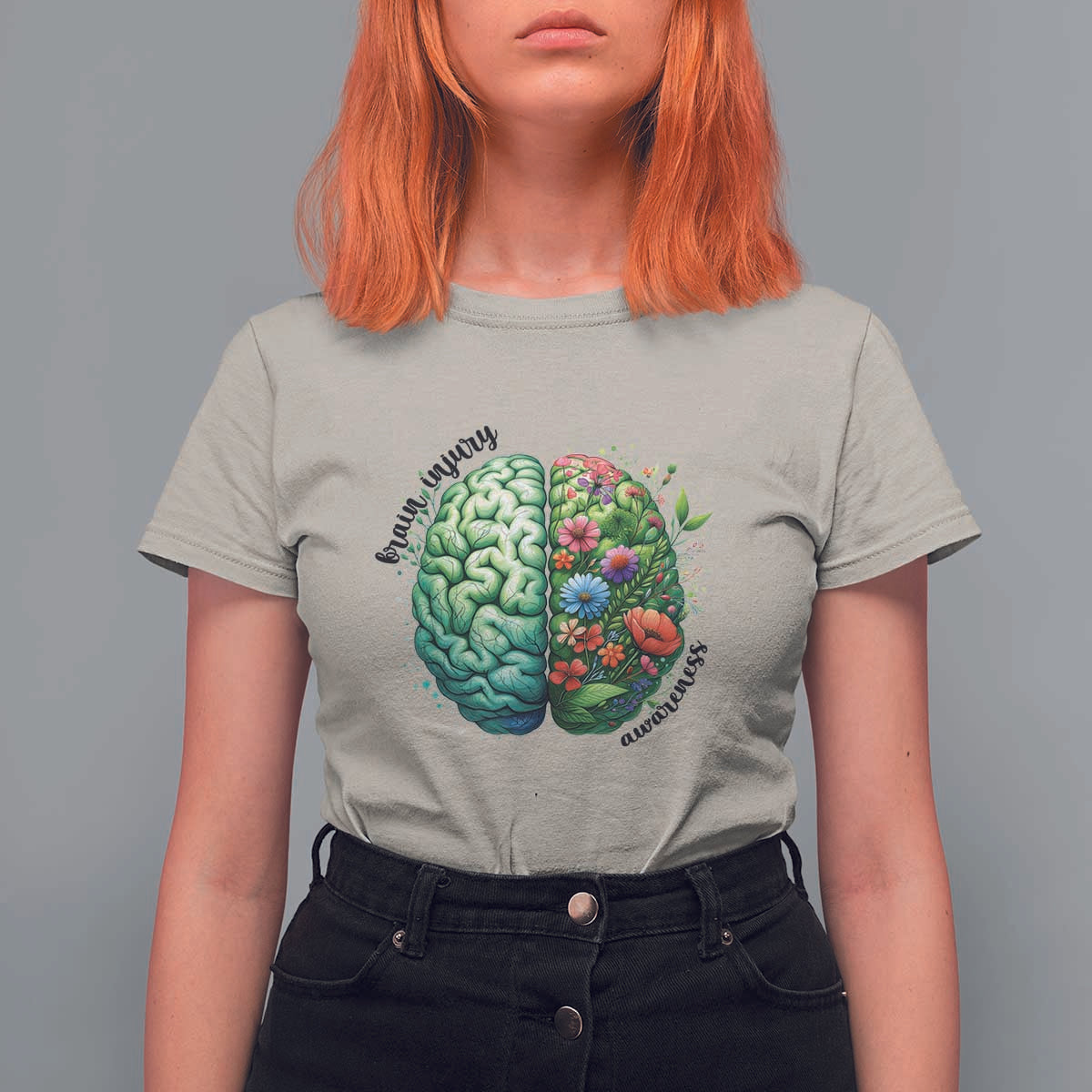 Traumatic Brain Injury Awareness T Shirt For Women TBI Warrior Green Floral Brain