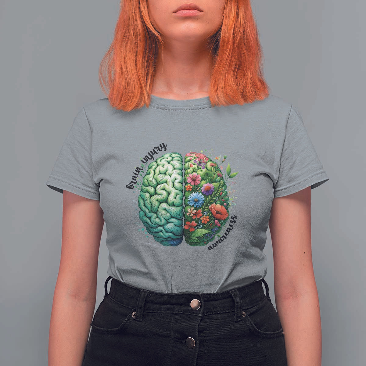 Traumatic Brain Injury Awareness T Shirt For Women TBI Warrior Green Floral Brain