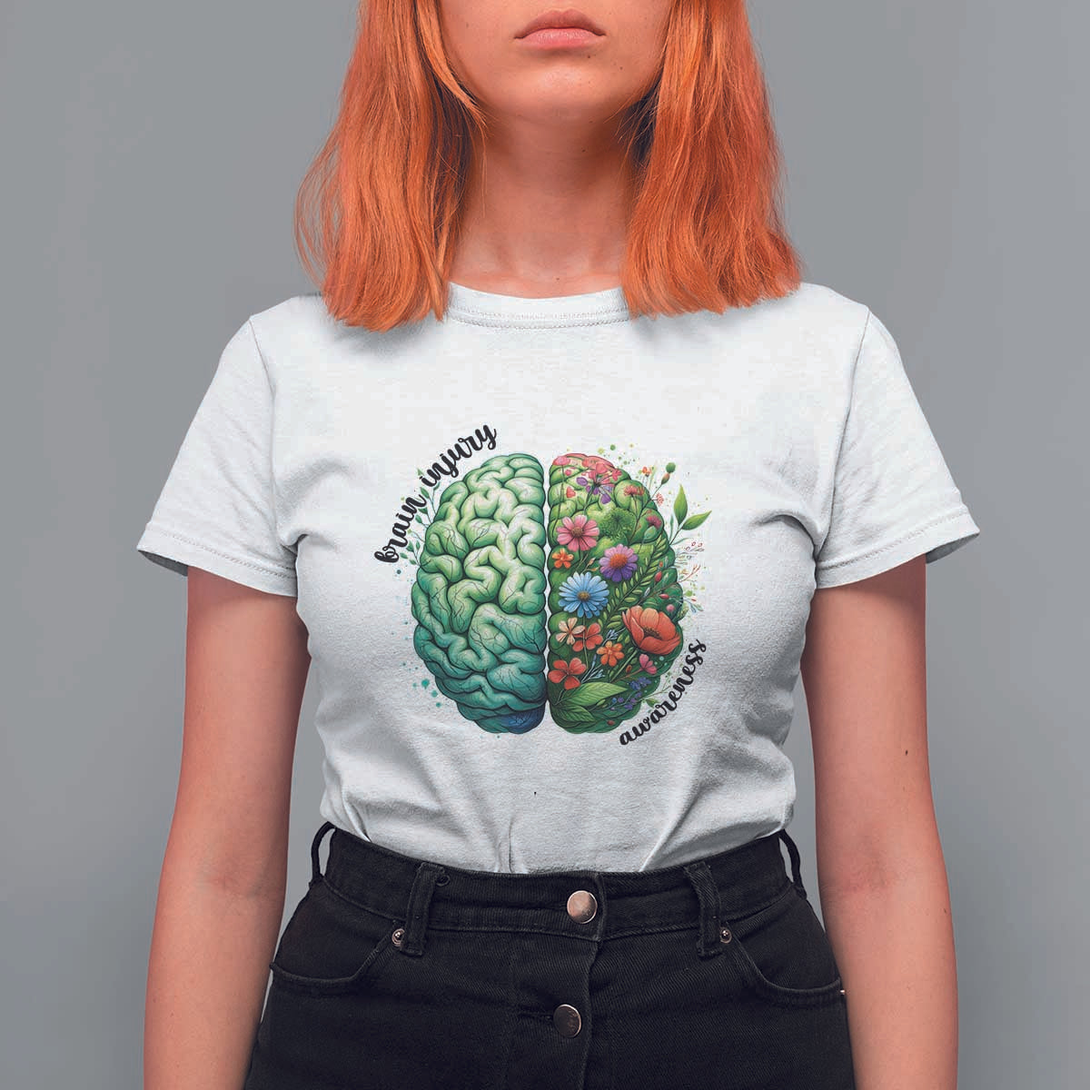 Traumatic Brain Injury Awareness T Shirt For Women TBI Warrior Green Floral Brain