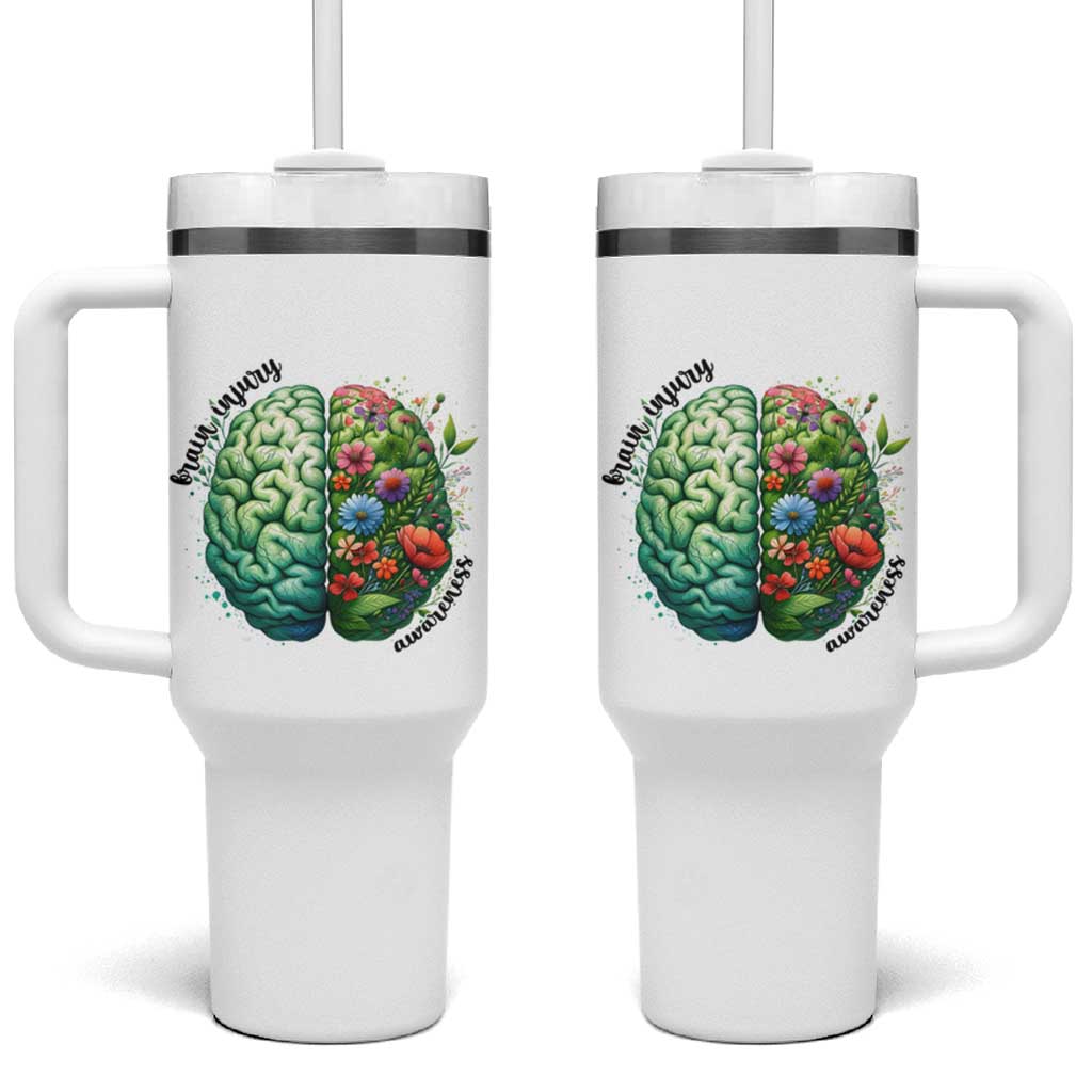 Traumatic Brain Injury Awareness Tumbler With Handle TBI Warrior Green Floral Brain