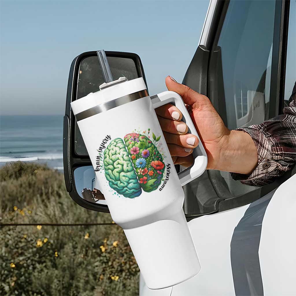Traumatic Brain Injury Awareness Tumbler With Handle TBI Warrior Green Floral Brain