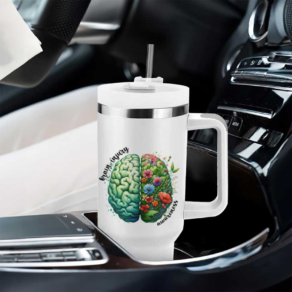 Traumatic Brain Injury Awareness Tumbler With Handle TBI Warrior Green Floral Brain