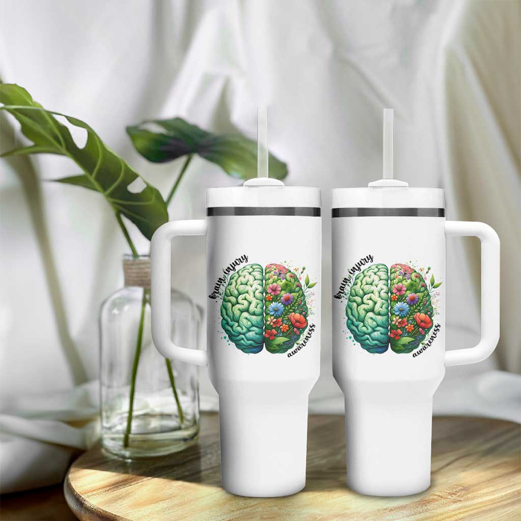 Traumatic Brain Injury Awareness Tumbler With Handle TBI Warrior Green Floral Brain