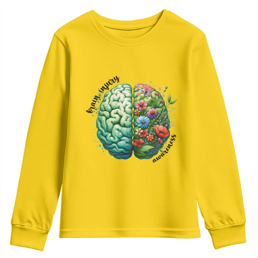 Traumatic Brain Injury Awareness Youth Sweatshirt TBI Warrior Green Floral Brain