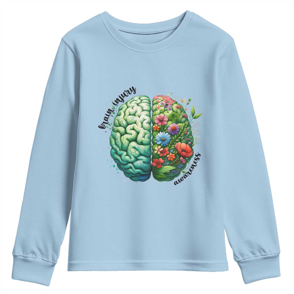 Traumatic Brain Injury Awareness Youth Sweatshirt TBI Warrior Green Floral Brain