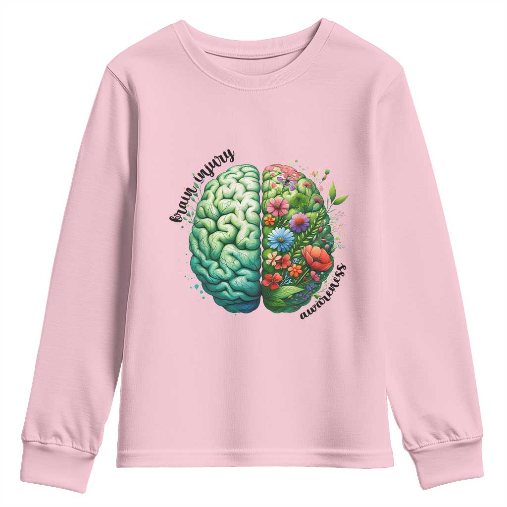 Traumatic Brain Injury Awareness Youth Sweatshirt TBI Warrior Green Floral Brain