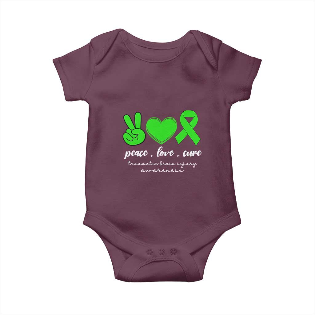 Traumatic Brain Injury Awareness Baby Onesie Peace Love Cure TBI Warrior