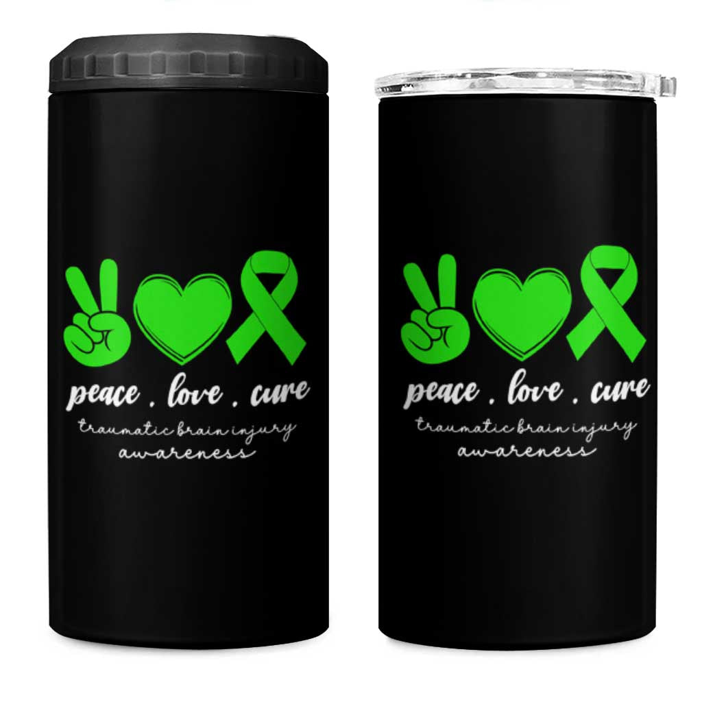 Traumatic Brain Injury Awareness 4 in 1 Can Cooler Tumbler Peace Love Cure TBI Warrior