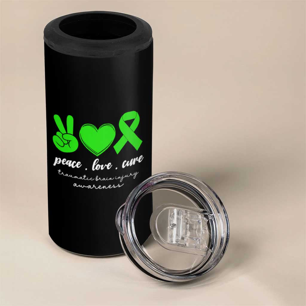 Traumatic Brain Injury Awareness 4 in 1 Can Cooler Tumbler Peace Love Cure TBI Warrior