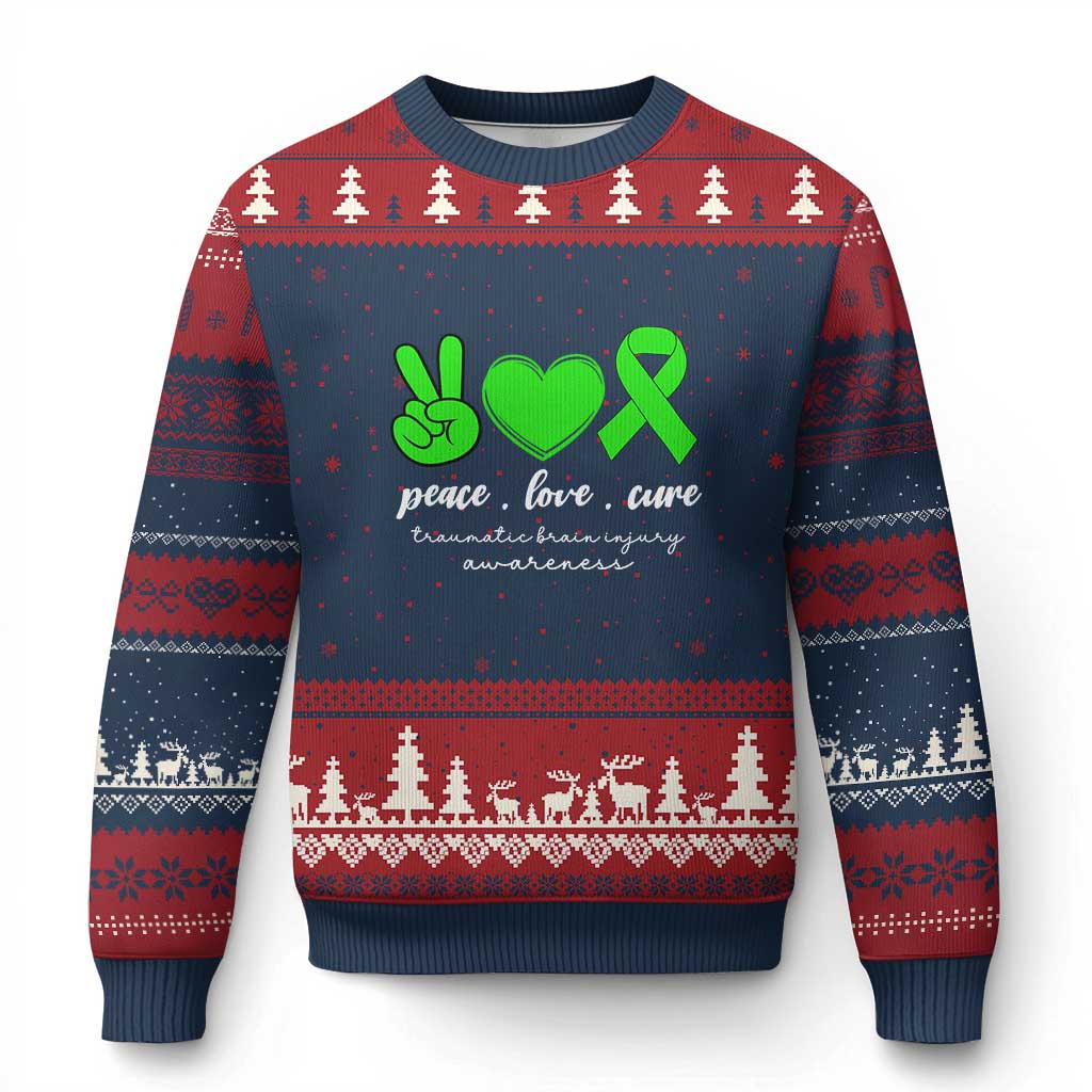 Traumatic Brain Injury Awareness Ugly Christmas Sweater Peace Love Cure TBI Warrior - Wonder Print Shop