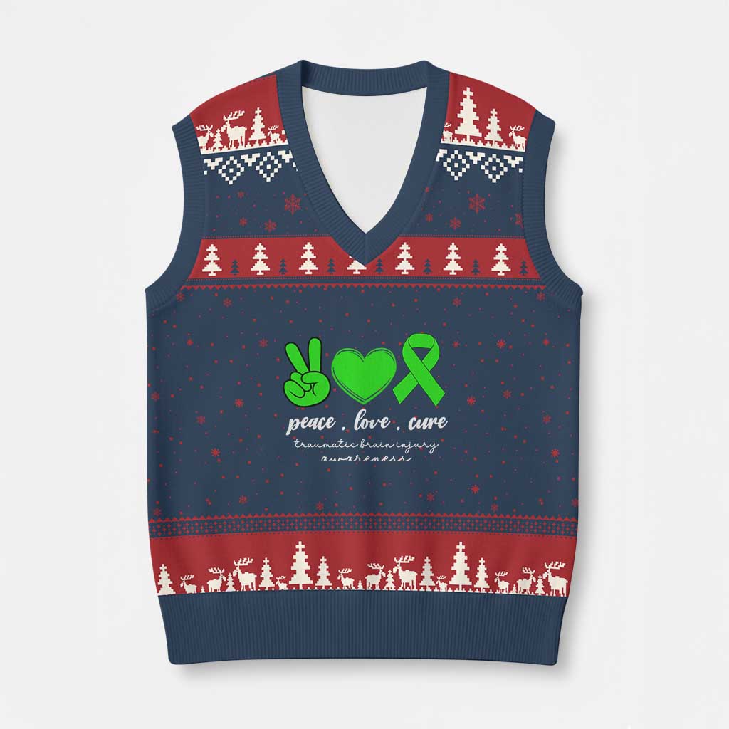 Traumatic Brain Injury Awareness V-Neck Knit Sweater Vest Peace Love Cure TBI Warrior - Wonder Print Shop