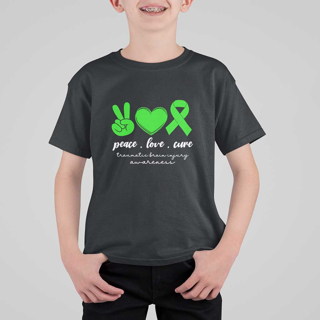 Traumatic Brain Injury Awareness T Shirt For Kid Peace Love Cure TBI Warrior