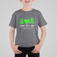 Traumatic Brain Injury Awareness T Shirt For Kid Peace Love Cure TBI Warrior