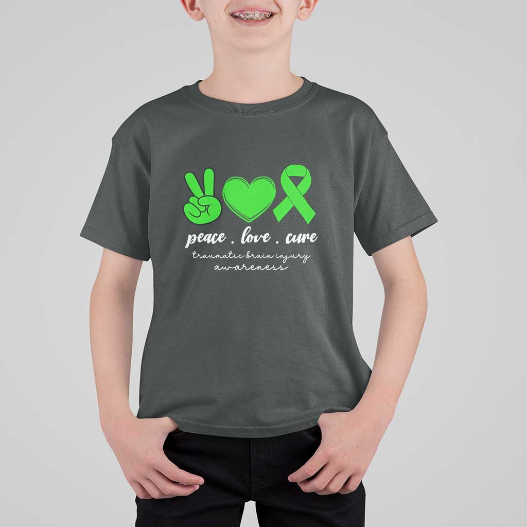 Traumatic Brain Injury Awareness T Shirt For Kid Peace Love Cure TBI Warrior
