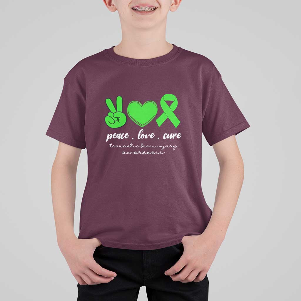 Traumatic Brain Injury Awareness T Shirt For Kid Peace Love Cure TBI Warrior