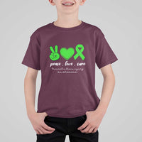 Traumatic Brain Injury Awareness T Shirt For Kid Peace Love Cure TBI Warrior