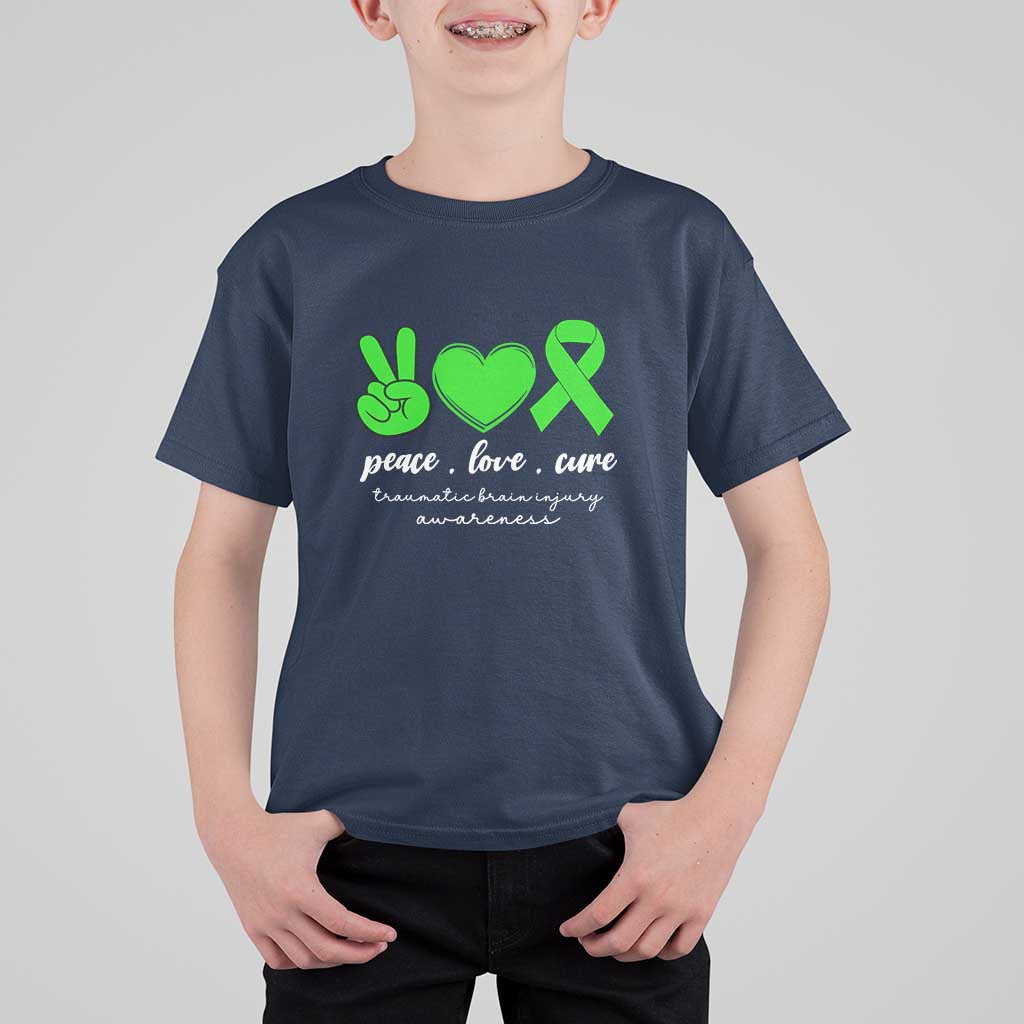 Traumatic Brain Injury Awareness T Shirt For Kid Peace Love Cure TBI Warrior