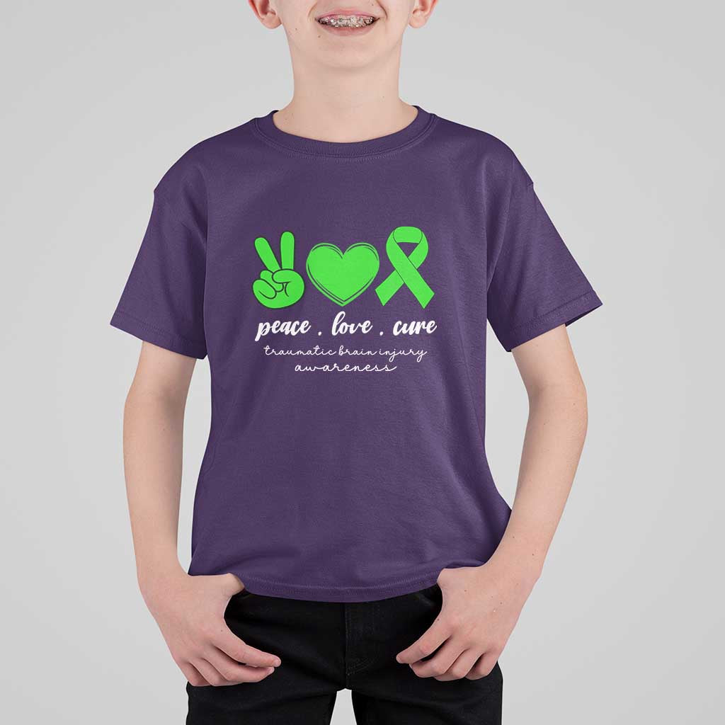 Traumatic Brain Injury Awareness T Shirt For Kid Peace Love Cure TBI Warrior