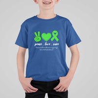 Traumatic Brain Injury Awareness T Shirt For Kid Peace Love Cure TBI Warrior
