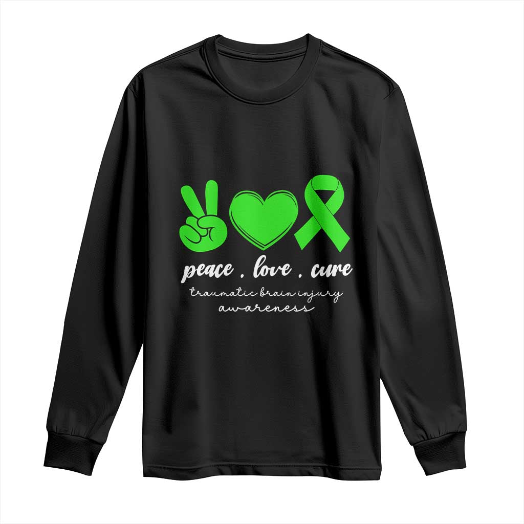 Traumatic Brain Injury Awareness Long Sleeve Shirt Peace Love Cure TBI Warrior