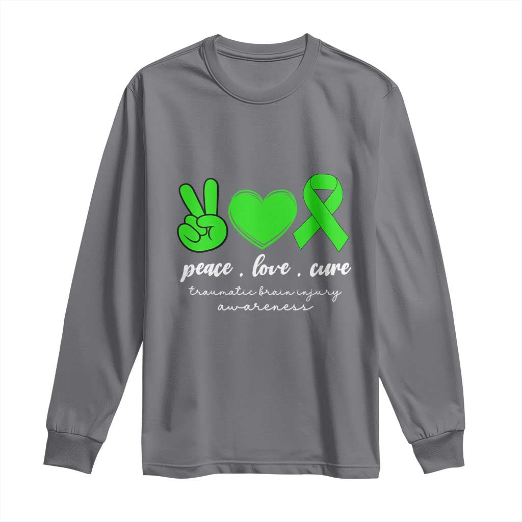 Traumatic Brain Injury Awareness Long Sleeve Shirt Peace Love Cure TBI Warrior