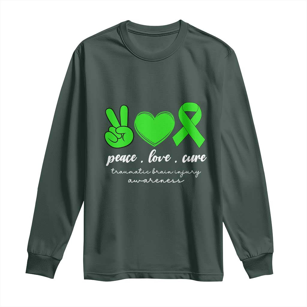 Traumatic Brain Injury Awareness Long Sleeve Shirt Peace Love Cure TBI Warrior