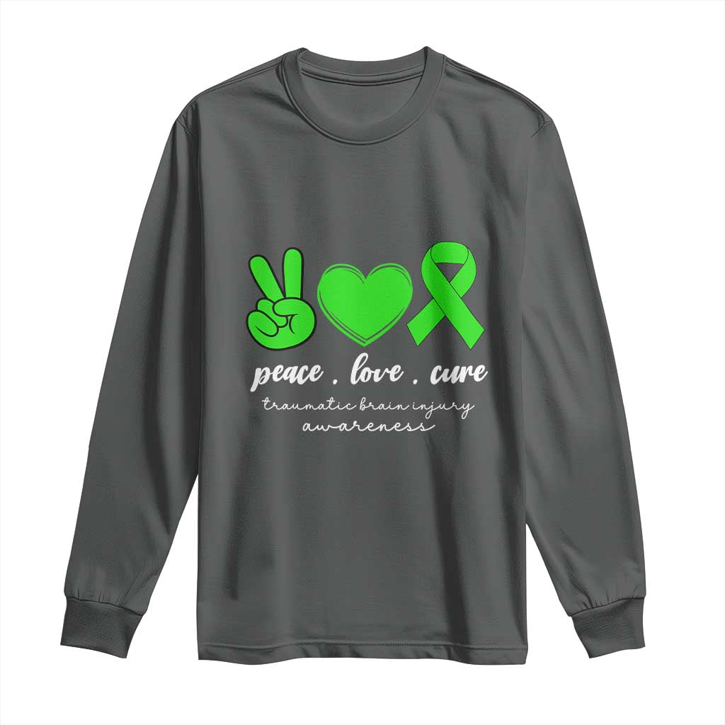 Traumatic Brain Injury Awareness Long Sleeve Shirt Peace Love Cure TBI Warrior