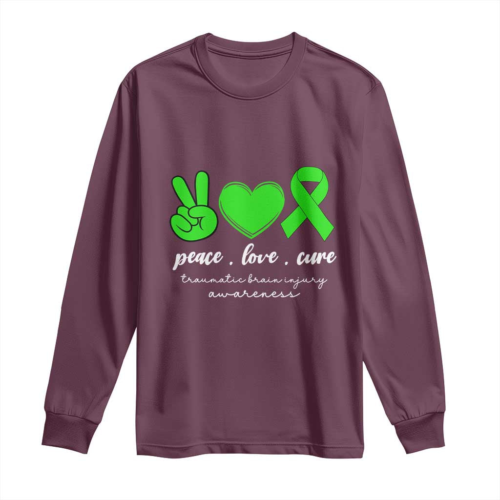 Traumatic Brain Injury Awareness Long Sleeve Shirt Peace Love Cure TBI Warrior