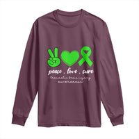 Traumatic Brain Injury Awareness Long Sleeve Shirt Peace Love Cure TBI Warrior