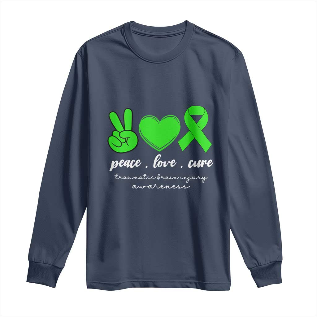 Traumatic Brain Injury Awareness Long Sleeve Shirt Peace Love Cure TBI Warrior