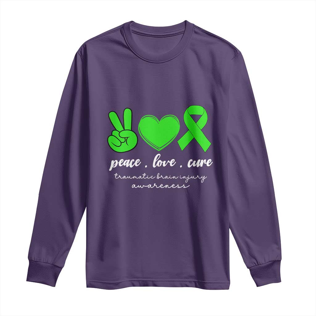 Traumatic Brain Injury Awareness Long Sleeve Shirt Peace Love Cure TBI Warrior