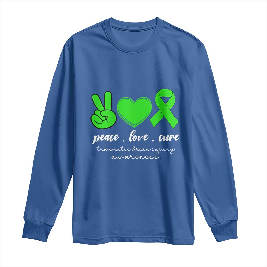 Traumatic Brain Injury Awareness Long Sleeve Shirt Peace Love Cure TBI Warrior