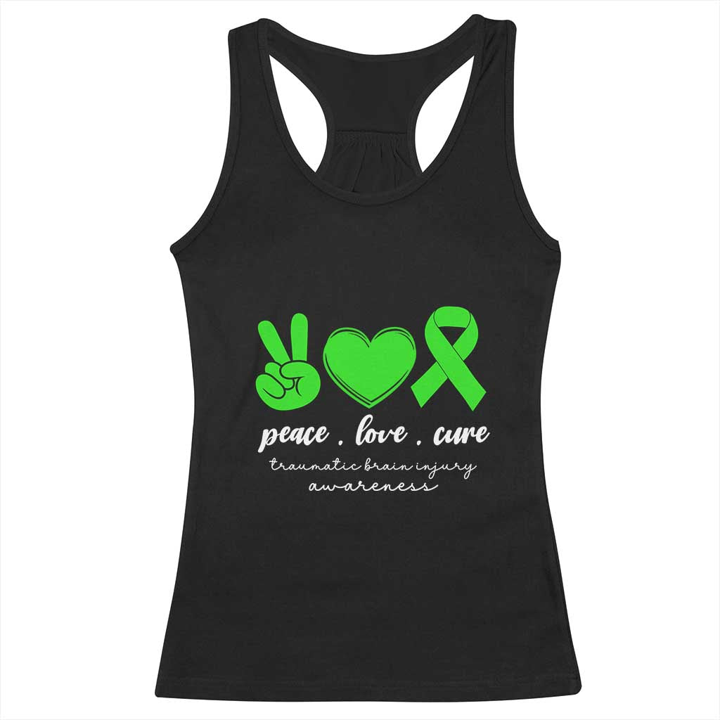 Traumatic Brain Injury Awareness Racerback Tank Top Peace Love Cure TBI Warrior