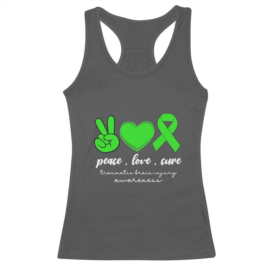 Traumatic Brain Injury Awareness Racerback Tank Top Peace Love Cure TBI Warrior