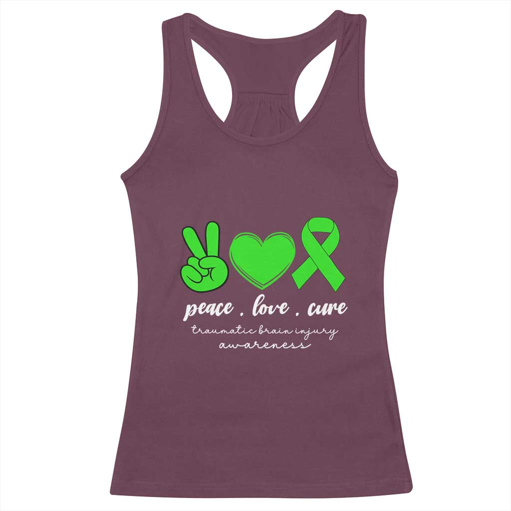 Traumatic Brain Injury Awareness Racerback Tank Top Peace Love Cure TBI Warrior