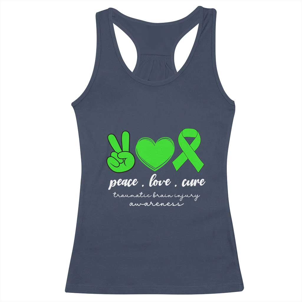 Traumatic Brain Injury Awareness Racerback Tank Top Peace Love Cure TBI Warrior