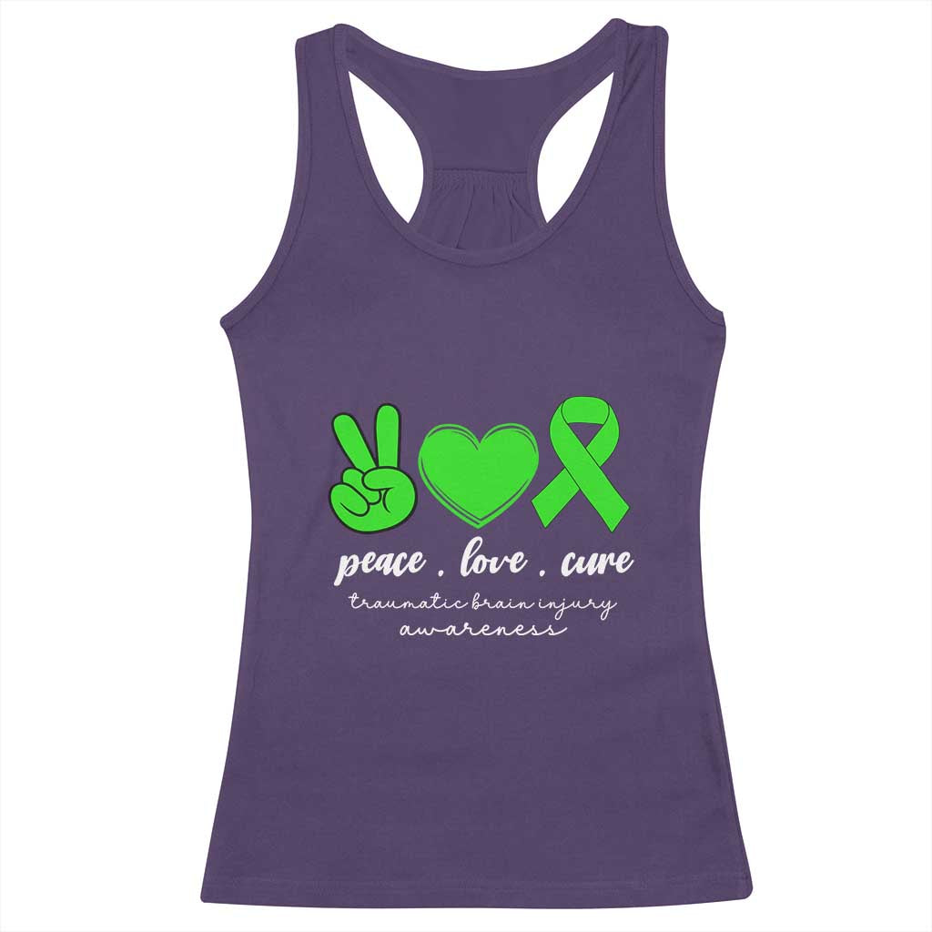Traumatic Brain Injury Awareness Racerback Tank Top Peace Love Cure TBI Warrior