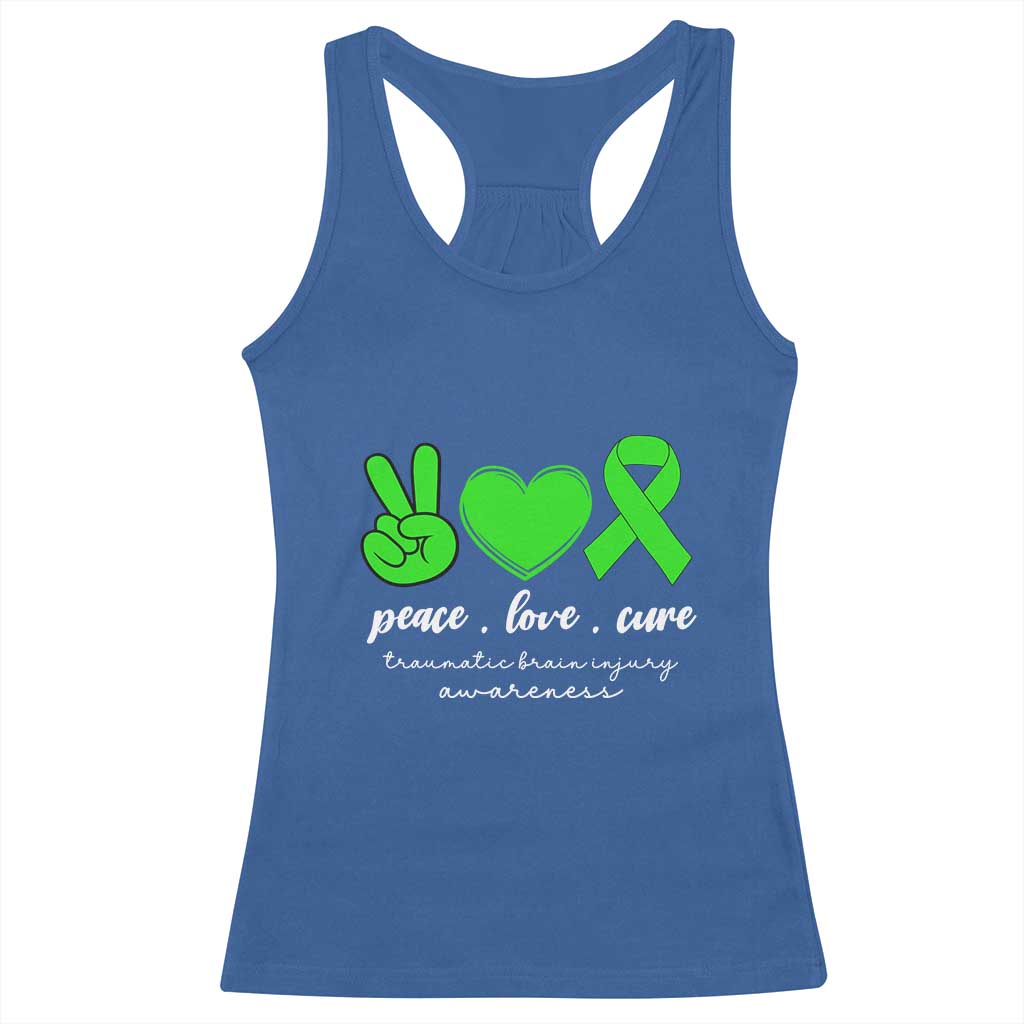 Traumatic Brain Injury Awareness Racerback Tank Top Peace Love Cure TBI Warrior