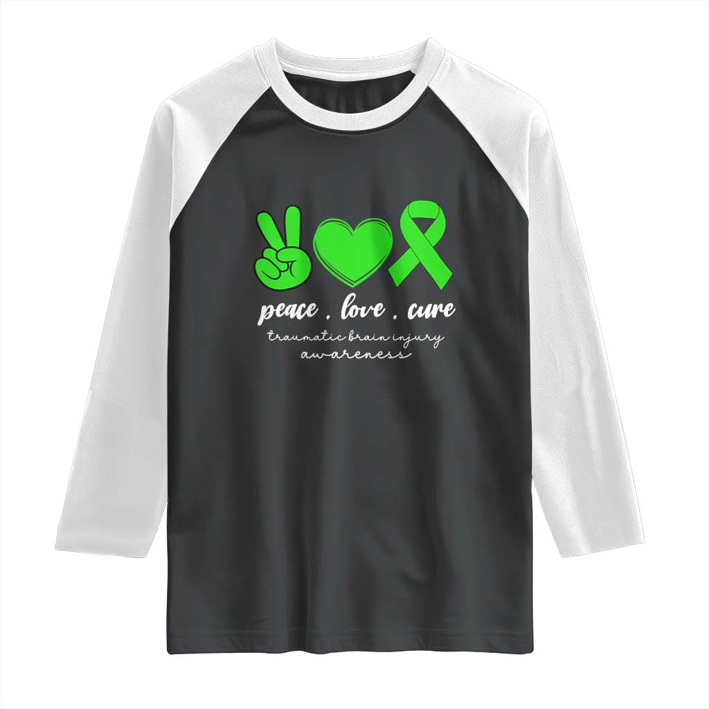 Traumatic Brain Injury Awareness Raglan Shirt Peace Love Cure TBI Warrior
