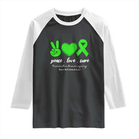 Traumatic Brain Injury Awareness Raglan Shirt Peace Love Cure TBI Warrior