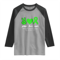 Traumatic Brain Injury Awareness Raglan Shirt Peace Love Cure TBI Warrior
