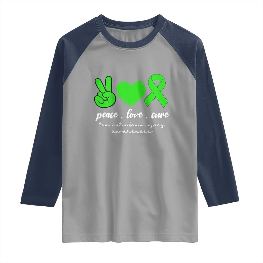 Traumatic Brain Injury Awareness Raglan Shirt Peace Love Cure TBI Warrior